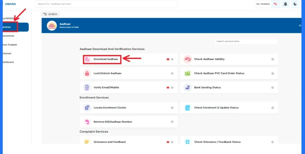 Aadhaar Card Download 2026 6 Aadhaar download menu on UMANG app